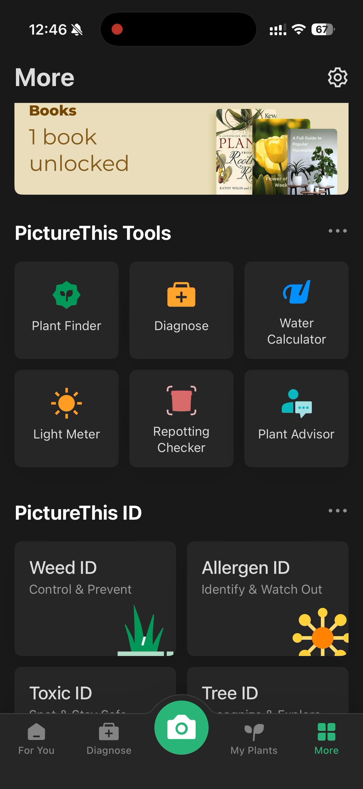 PictureThis tools menu showing options like diagnosis, water calculator, and gardening book