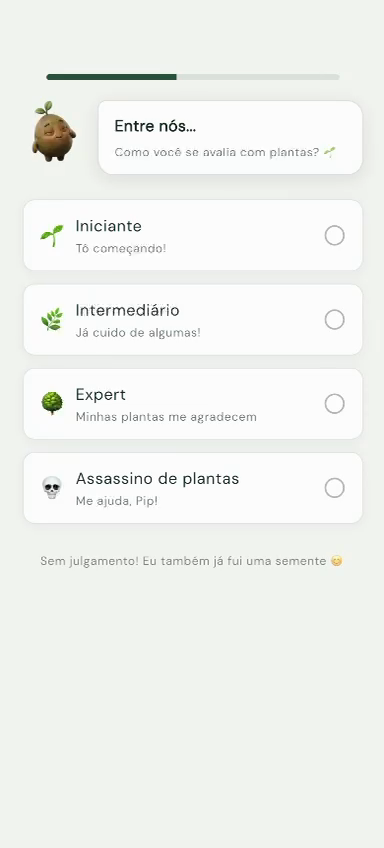 Tela perguntando o nível de experiência com plantas
