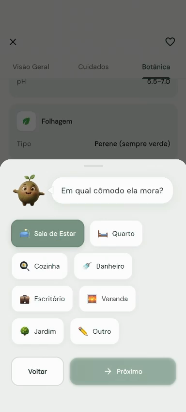 Tela pra escolher o cômodo da planta no Bloom
