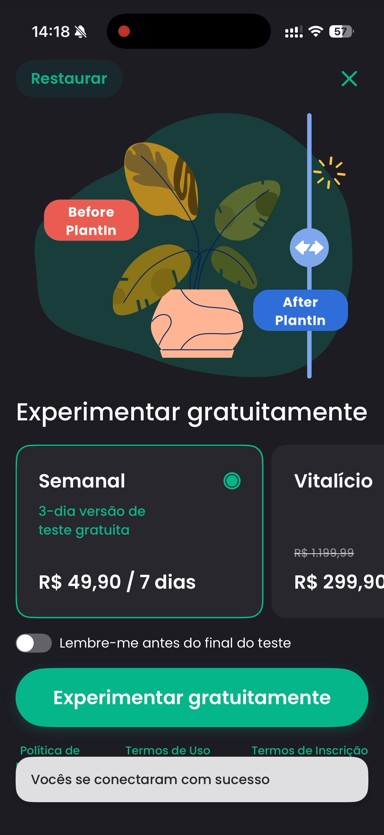 Tela de planos do Plantin com o vitalício