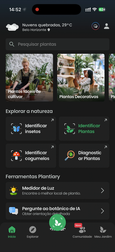 Tela inicial do Plantiary com clima e ferramentas