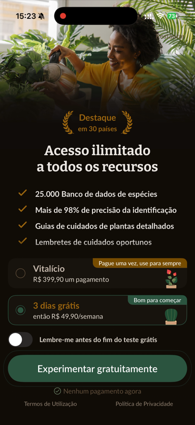 Tela de planos do Plantaria