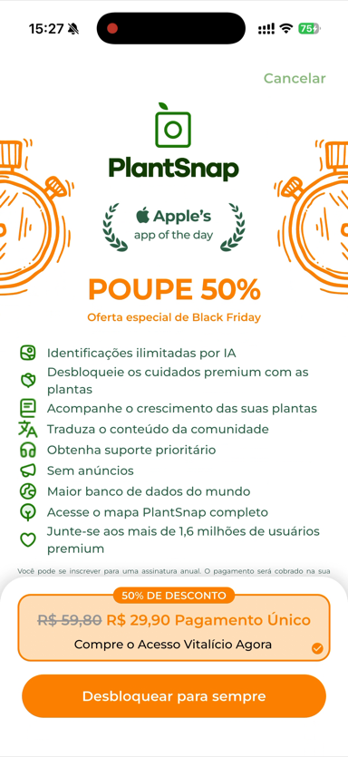 Oferta de acesso vitalício no PlantSnap
