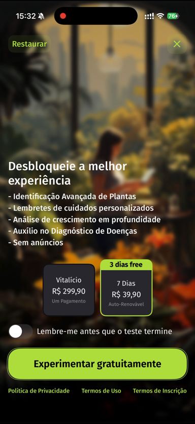 Tela de planos do Plantion com o vitalício