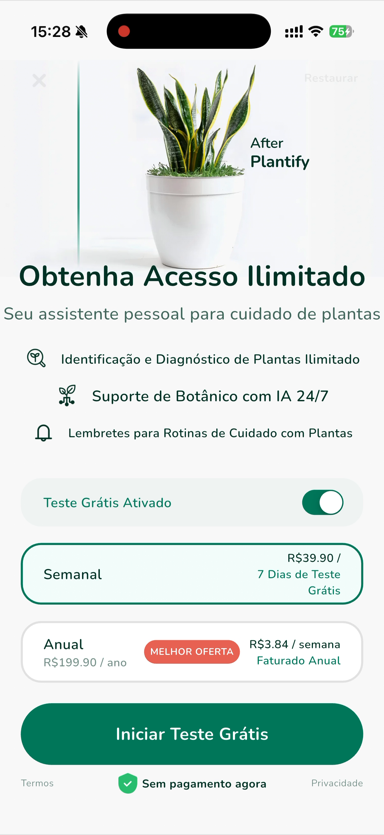 Tela de planos do Plantify