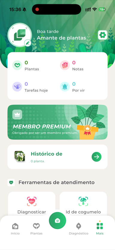 Tela inicial do LeafSnap na versão Premium, sem anúncios