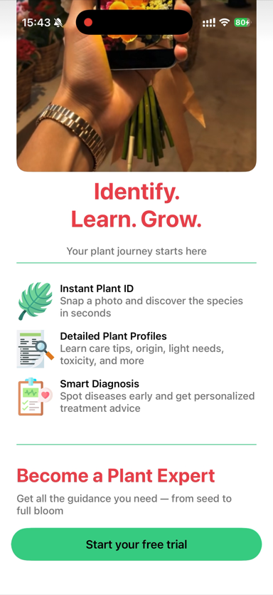 Tela de assinatura do PlantMe em inglês
