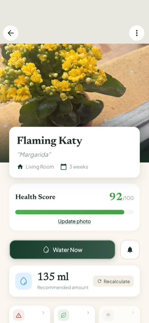 A saved plant in Bloom showing its Health Score and the exact amount of water it needs