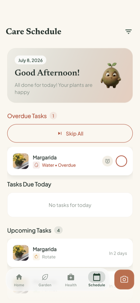 Bloom's care schedule showing overdue, current, and upcoming tasks
